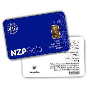 Gold Bar 0.25 Grams NZP Gold Germany 0.25g Credit Card Size Fine Gold 999.9 - Picture 1 of 3