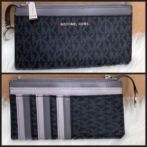 MICHAEL KORS Jet Set Viaje Negro/Gris Logo Plano Euro Tarjetero Cartera con Llavero - Imagen 1 de 15