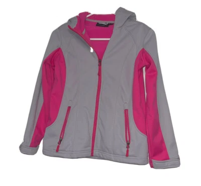 Reebok Girls Softshell Jacket Sz M 10/12 Fleece Lined Hooded Zip Pink Gray - Image 1 of 4