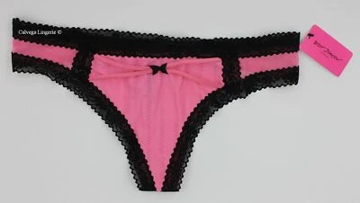 NWT Betsey Johnson 722100 "Zipper Stripe" Nylon w/ Lace Thong Hot Pink / Black S - Image 1 of 4