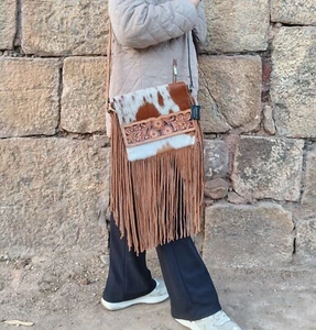 Women's Western Leather Fringe Crossbody Bag Genuine Hairon Shoulder Purse - Picture 1 of 32