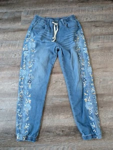 Driftwood Pull On Jeans L Embellished Denim Joggers Floral Embroidery Vintage - Picture 1 of 6