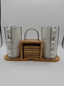 "Ceramic Coffee/Tea Cup Set with Bamboo Rack Holder and Coasters - Picture 1 of 7