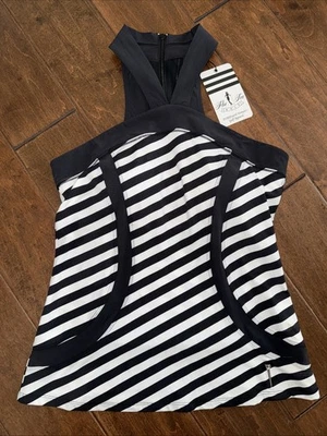 FlirTee Curves Racerback Polo B&W Stripe Performance Stretch Padded Golf Top S - Image 1 of 4