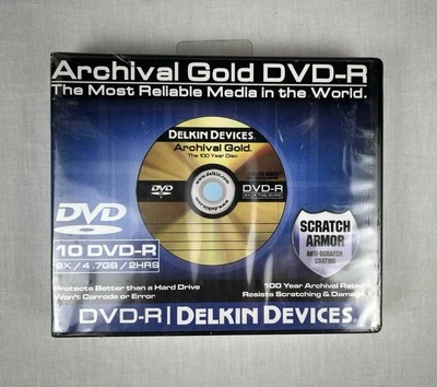 Delkin Devices Archival Gold DVD-R 10 Pack The 100 Year Disc New Sealed - Image 1 of 4