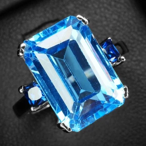 Neon Blue Topaz Rectangle 7.65Ct 925 Sterling Silver White Gold Plated Rings - Picture 1 of 8