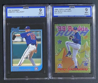 Bowman Roy Halladay 1997 novato ISA 9 + cromo novato Rush inserto Blue Jays Foto 1 de 2