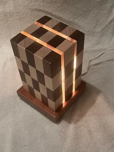 6" x 3" Maple & Oak Cube Lamp. Checker Design Perfect for any Room in the House - Picture 1 of 8