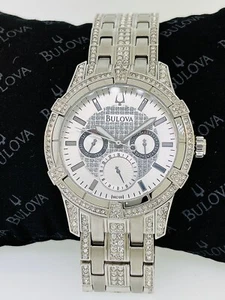 Men's New Bulova Multi Functional Stainless Steel Watch With Crystals - Picture 1 of 9
