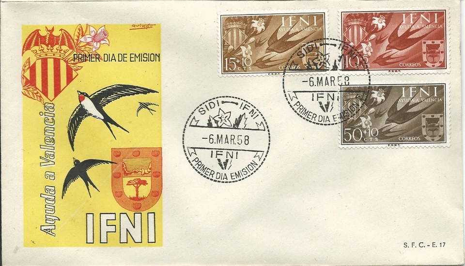 FDC Spain IFNI (Morocco) Help to Valencia 1958 birds - Image 1 of 1