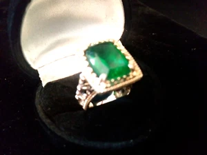 BIG 14K GOLD  & SS 2 TONE FANCY EMERALD  COCKTAIL BIRTHSTONE RING SZ 5 + BONUS - Picture 1 of 1