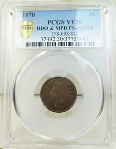 1870 Inidna cent PCGS VF30 *FS 102 DDO/MPD S-5* BR - Picture 1 of 3