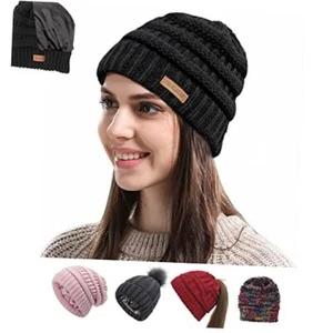 Womens Satin Lined Winter Beanie Cable Knit Beanie for Women Silk Classic-black - Picture 1 of 7