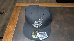 New Era 59fifty Cleveland Indians Chief Wahoo Hat Cap Fitted 7 Black grey - Imagen 1 de 3
