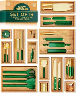 Bamboo Drawer Organizer Boxes - Set of 14 Wooden Drawer Organizers for Kitchen, - Picture 1 of 12