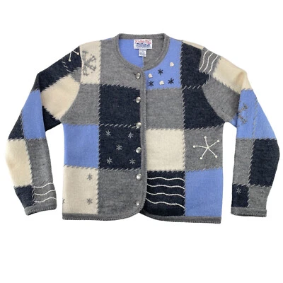 Tally Ho Vintage Sweater Medium Blue Gray 100% Wool Patchwork Knit Embroidered - Image 1 of 4
