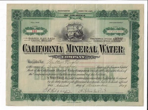California 1909 Certificado de Acciones de la Compañía de Agua Mineral de California A F du Pont - Imagen 1 de 2