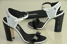 New Chanel White Black Patent Perforated Sandals Shoes CC logo 41 10.5