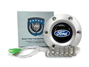 Ford Script - Botón bocina de aluminio cepillado ovalado azul de 6 pernos - Imagen 1 de 7