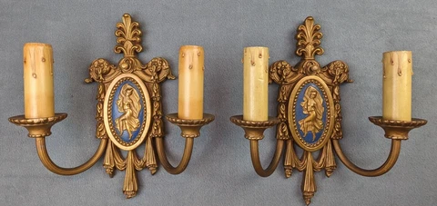 Pair of 1920's Art Nouveau Gold Colored Plaster  & Brass Sconces, Modern Wire Cover