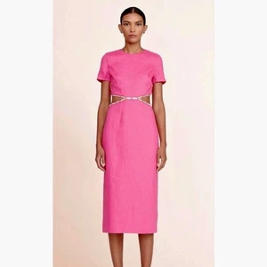 Vestido STAUD Matteo Midi Rosa Lino Corte Cintura Vacaciones Barbie Corbata Cintura 10 - Imagen 1 de 18