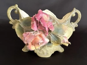 Capodimonte Style Jardiniere Green with Pink Roses Bisque Finish Marked Austria - Picture 1 of 11