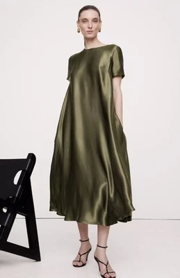Banana Republic Aurelia Italian Satin Trapeze Dress | OLIVE sz XXSMALL #604019 - Image 1 of 3