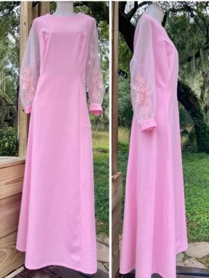 Maxi Vestido Rosa Vintage Años 70 Poli Chifón Caftán Manga Larga Talla L/XL 12/14 Foto 1 de 4