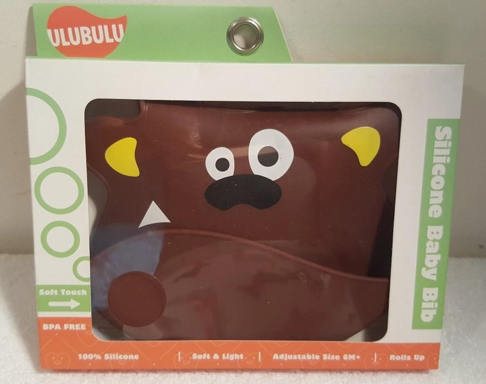 NEW Ulubulu Silicone Baby Toddler Bib Brown Dog Crumb Catcher Dishwasher Safe - Image 1 of 4