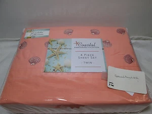  New Coastal SHELL Embroidered Collection 4 pcs Twin Sheet Set ~ Shell-Coral NIP - Picture 1 of 5