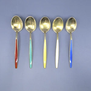 DAVID ANDERSEN Enamel & Gilt Sterling Silver Set of 5 Demitasse Spoons Rainbow - Picture 1 of 5