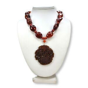 Vintage Red Agate Red Coral Beaded Necklace Carved Flower Pendant 14K Clasp