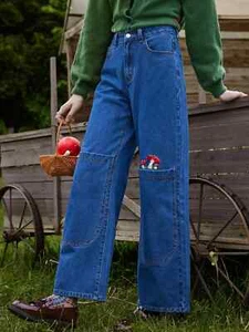 ROMWE Fairycore Women's Mushroom Embroidery Wide Leg Jeans Blue Denim Size M - Picture 1 of 1
