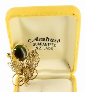 Vintage NZ Jade Pounamu Grünstein Nephrit filigran Blume Pin Arahura 1,75 H - Bild 1 von 9