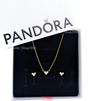 NUEVO 100% PANDORA Oro Triple Piedra Corazón Pendientes Collar Conjunto de Regalo B802561 Foto 1 de 4