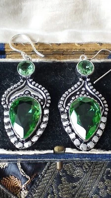 Orecchini grandi vintage anni 90-90 in argento sterling 925 con peridoto verd... - Immagine 1 di 4