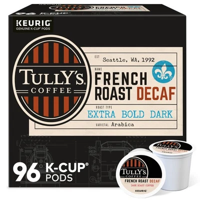 Tully's Coffee French Roast Decafeinado, Keurig K-Cup Pod, Tostado Oscuro, 96 unidades Foto 1 de 4