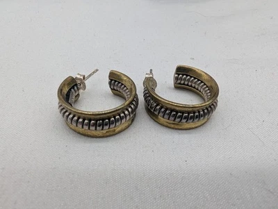 SILPADA .925 STERLING SILVER and BRASS COIL ROPE WIDE HOOP EARRINGS 7/8 Inch - Image 1 of 4