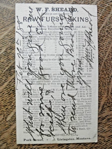 1880 W.F. SHEARD FUR CO. PC RAW FURS SKIN PRICE LIST MONTANA TERRITORY to DAKOTA - Picture 1 of 2