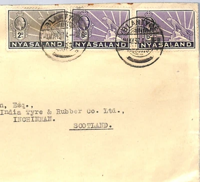 Cubierta de correo aéreo de NYASALANDIA Blantyre GB Escocia Inchinnan 1937{Samwells}WX219 Foto 1 de 4