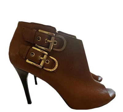 Michael Kors Talla 8.5 M Cheyenne Botín Cuero Marrón Dorado Acento 4” Tacones Foto 1 de 4