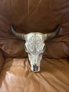 Rustic Tribal Bull Head Wall Art - Tooled White Bull Skull Wall Art - Picture 1 of 9