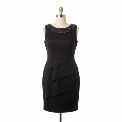 Dressbarn Dress 6 Black Beaded Neck Tiered Ruffle Party Cocktail Elegant Retro - Image 1 of 4