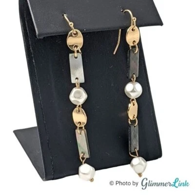 Long Tiered Geometric Shell Faux Pearl Dangle Earrings - Image 1 of 4