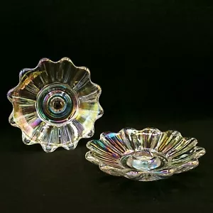 Vintage Federal Glass Iridescent Candle Holders Set Of 2 Flower Shaped Taper - Picture 1 of 8