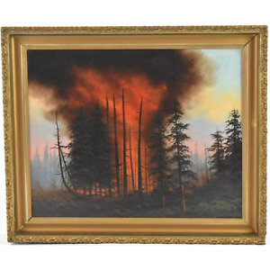 ANTIQUE OIL ON CANVAS of a Nature Fire by William Samuel Parrott (1843-1915)
