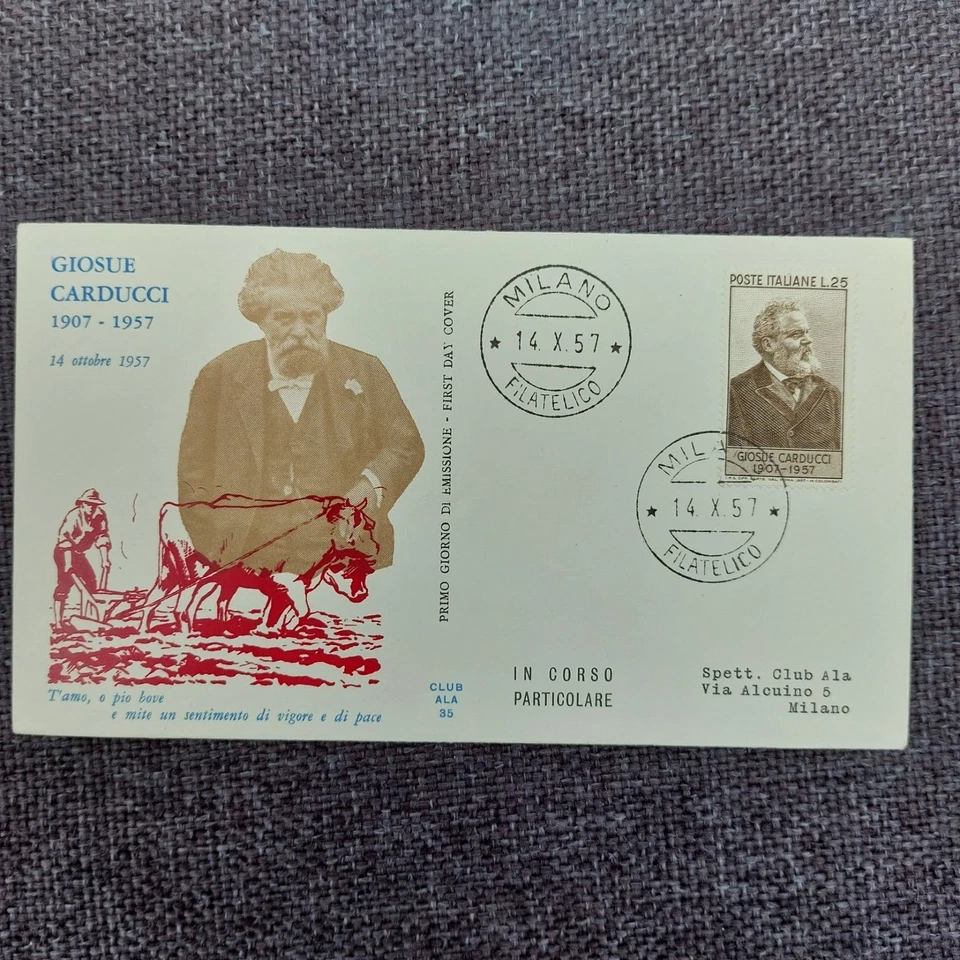 Italy 1957 G. Carducci stamp (Michel 994) nice used FDC - Image 1 of 1