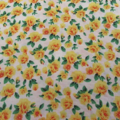 Vtg Cotton Fabric Puckered Yellow Roses on White BTY X 54 - Image 1 of 4