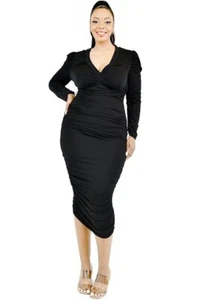 CALF LENGTH SHIRRED BLACK FITTED DRESS - Picture 1 of 3