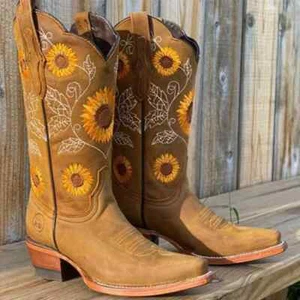 Ladies Western Cowgirl Boots Chunky Heel Pull On Embroidered Shoes Womens Work - Picture 1 of 27